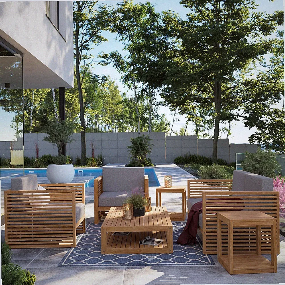 Modway Carlsbad Outdoor Patio Teak Wood 6-Piece Furniture Set in Natural Gray