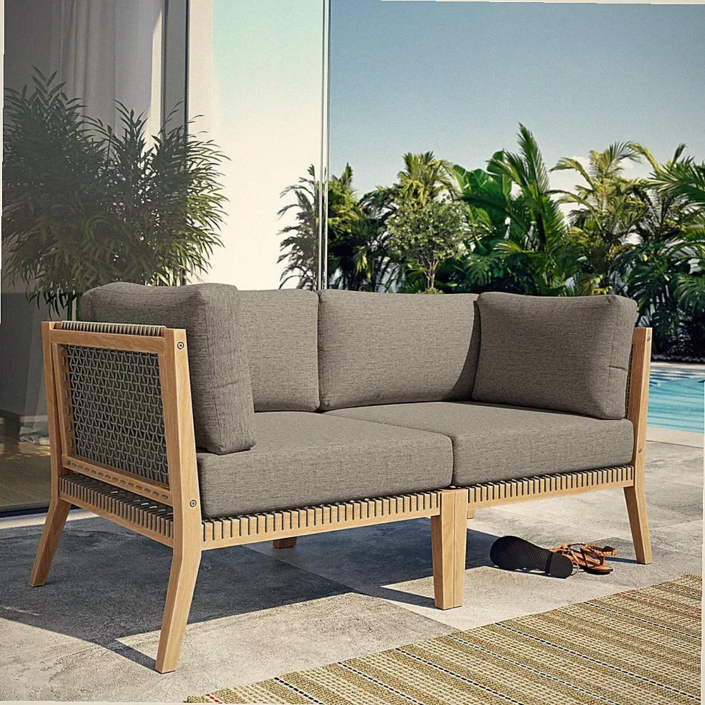 Modway Clearwater Outdoor Patio Teak and Woven Rope Loveseat in Gray Graphite