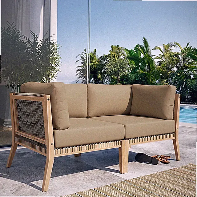 Modway Clearwater Outdoor Patio Teak and Woven Rope Loveseat in Gray Light Brown