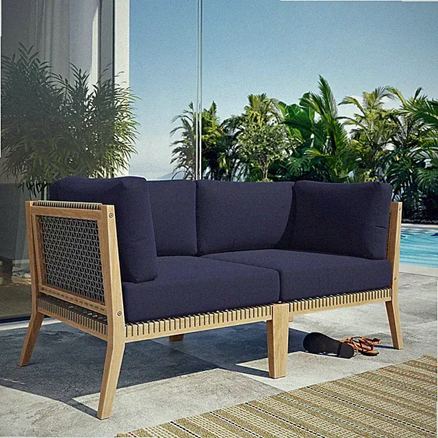 Modway Clearwater Outdoor Patio Teak and Woven Rope Loveseat in Gray Navy