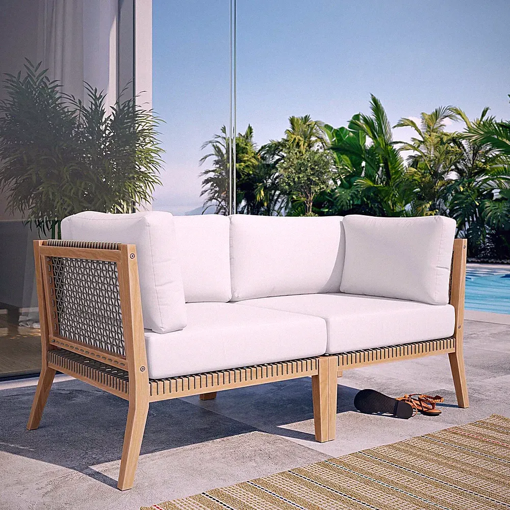 Modway Clearwater Outdoor Patio Teak and Woven Rope Loveseat in Gray White