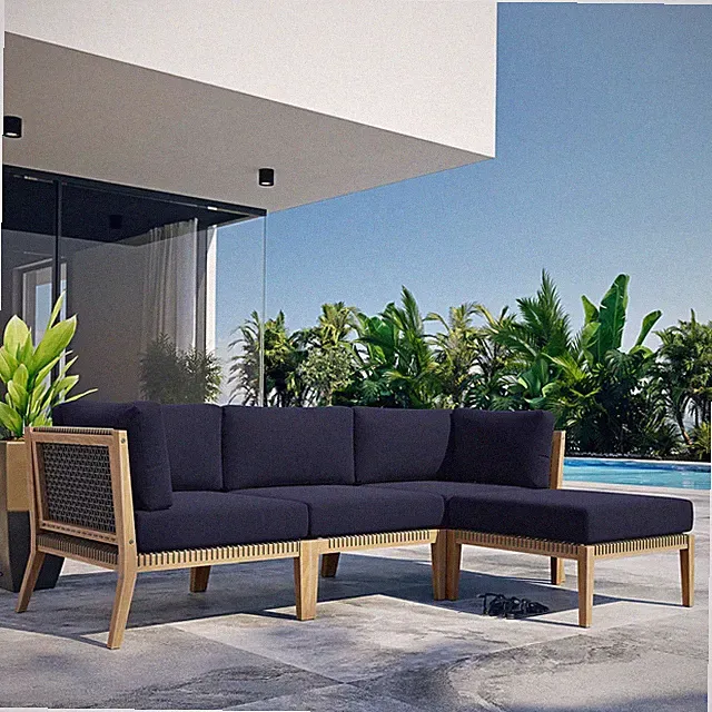 Modway Clearwater Outdoor Patio Teak Wood 4-Piece Sectional Sofa in Gray Navy