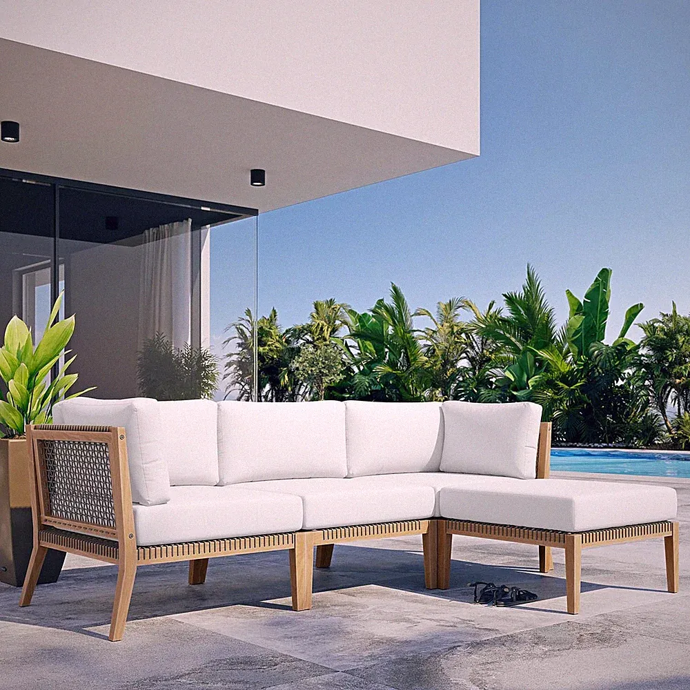 Modway Clearwater Outdoor Patio Teak Wood 4-Piece Sectional Sofa in Gray White