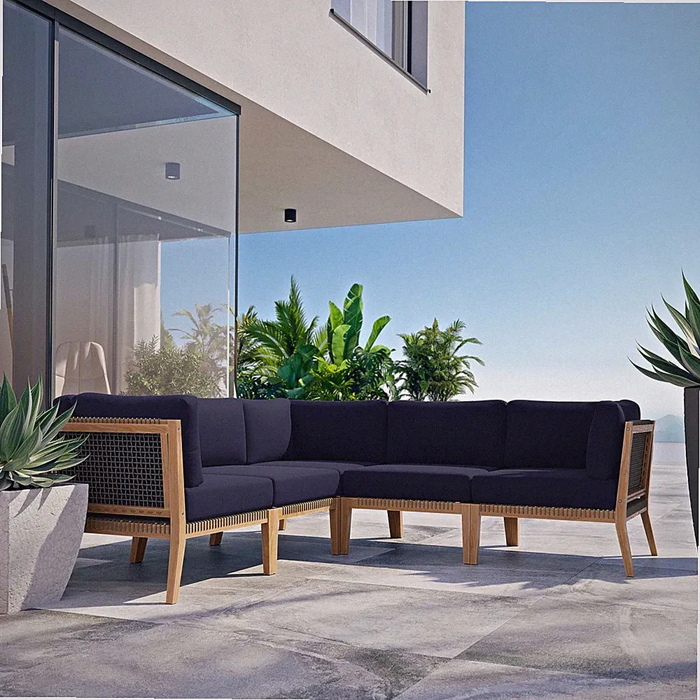 Modway Clearwater Outdoor Patio Teak Wood 5-Piece Sectional Sofa in Gray Navy