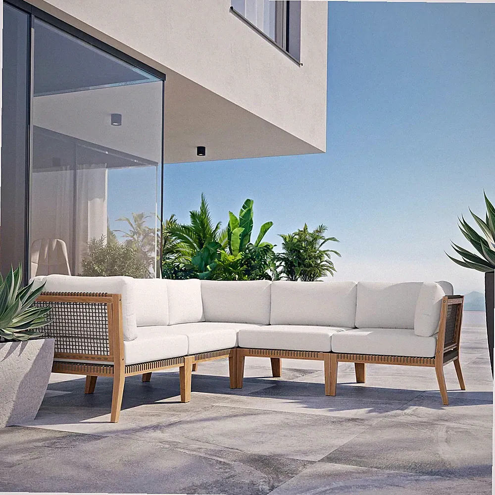 Modway Clearwater Outdoor Patio Teak Wood 5-Piece Sectional Sofa in Gray White