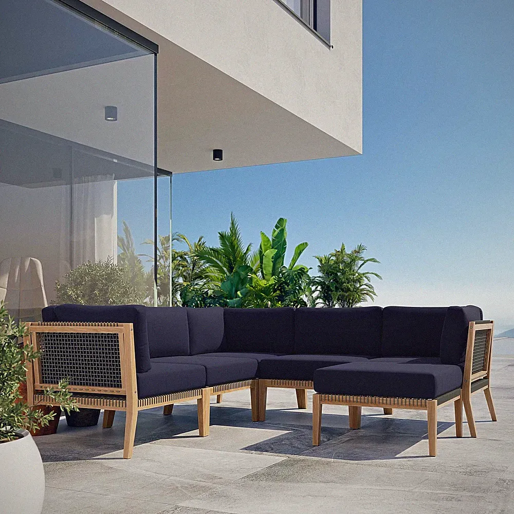 Modway Clearwater Outdoor Patio Teak Wood 6-Piece Sectional Sofa in Gray Navy