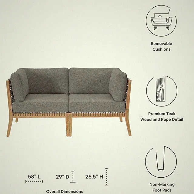 Modway Clearwater Teak Wood Fabric Outdoor Loveseat in Gray/Graphite