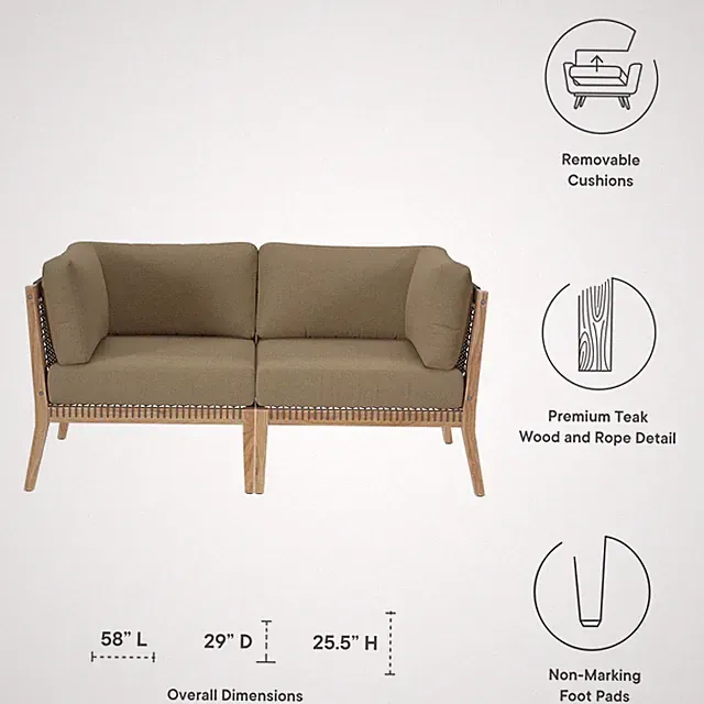 Modway Clearwater Teak Wood Fabric Outdoor Loveseat in Gray/Light Brown