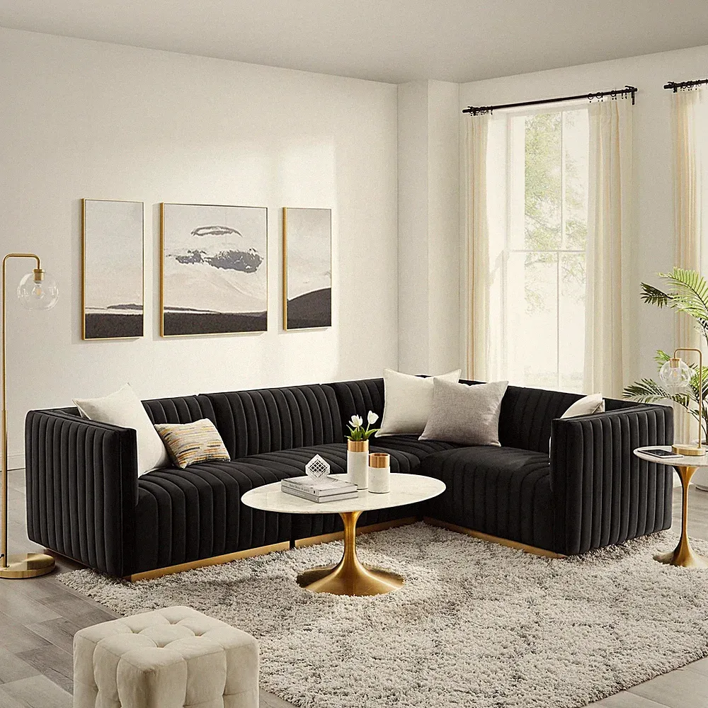 Modway Conjure Channel Tufted Performance Velvet 4-Piece Sectional in Gold Black