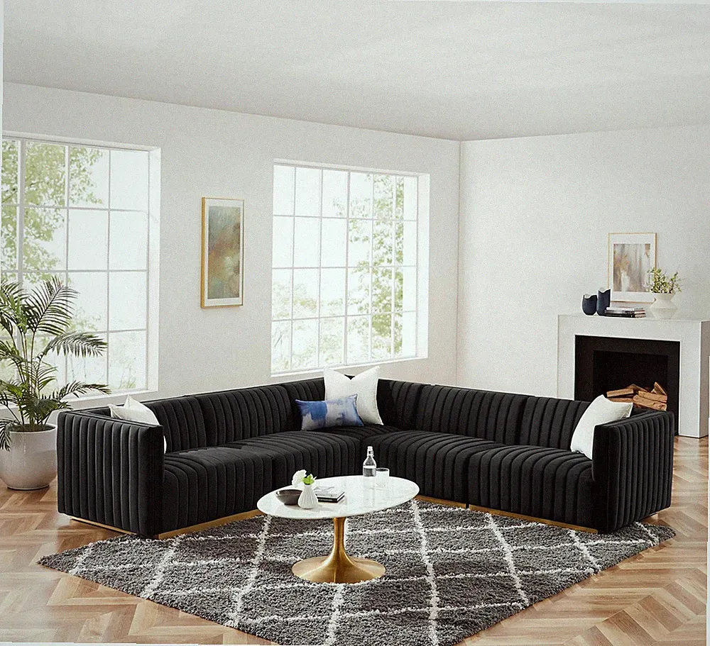 Modway Conjure Channel Tufted Performance Velvet 5-Piece Sectional in Gold Black