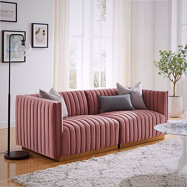 Modway Conjure Channel Tufted Performance Velvet Loveseat in Gold Dusty Rose