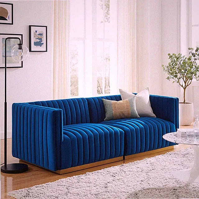 Modway Conjure Channel Tufted Performance Velvet Loveseat in Gold Navy
