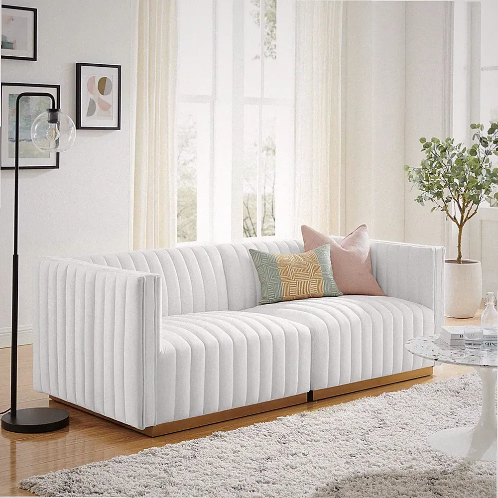Modway Conjure Channel Tufted Performance Velvet Loveseat in Gold White