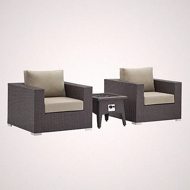 Modway Convene 3-Piece Outdoor Wicker Rattan Set w/ Fire Pit in Espresso/Beige