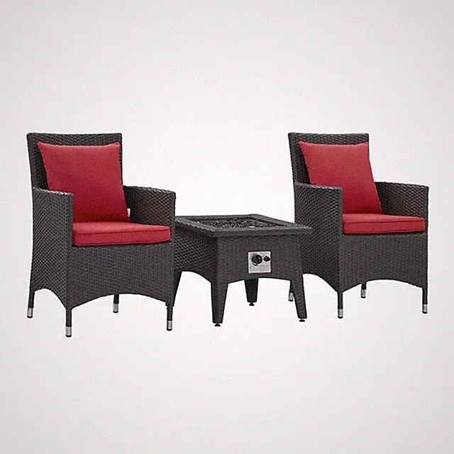 Modway Convene 3-Piece Outdoor Wicker Rattan Set with Fire Pit in Espresso/Red