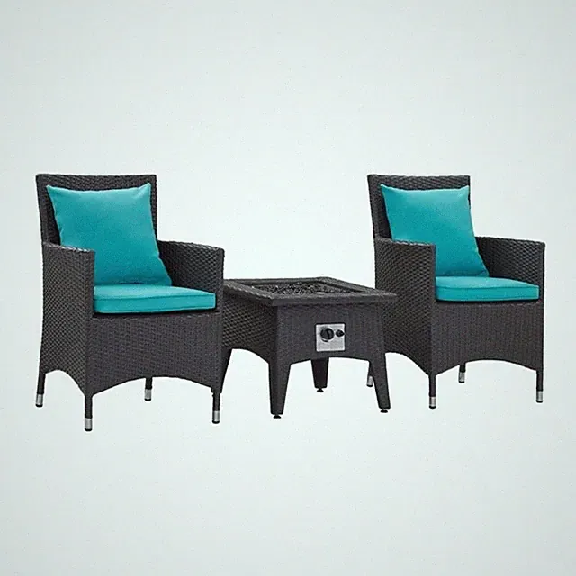 Modway Convene 3-Piece Patio Wicker Rattan Set w/ Fire Pit in Espresso/Turquoise