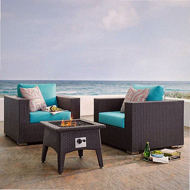 Modway Convene 3 Piece Set Outdoor Patio with Fire Pit in Espresso Turquois