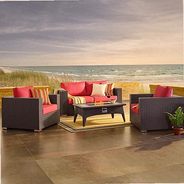 Modway Convene 4 Piece Set Outdoor Patio with Fire Pit in Espresso Red