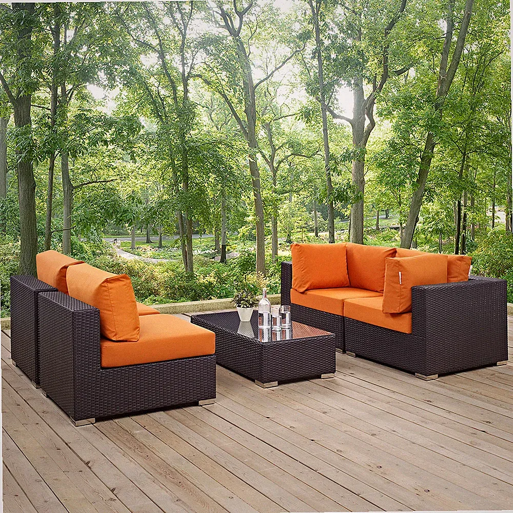 Modway Convene 5 Piece Outdoor Patio Sectional Set in Espresso Orange