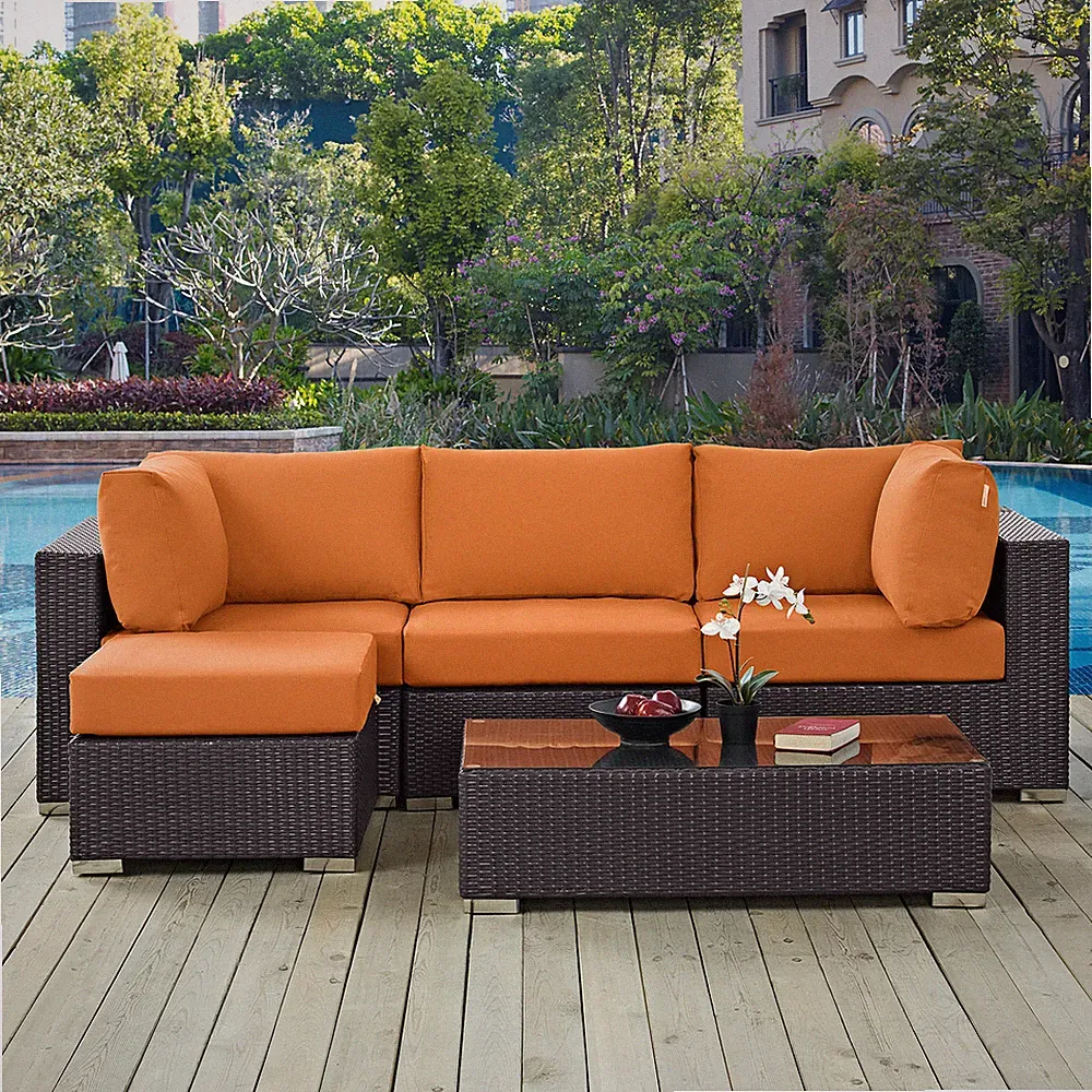 Modway Convene 5 Piece Outdoor Patio Sectional Set in Espresso Orange