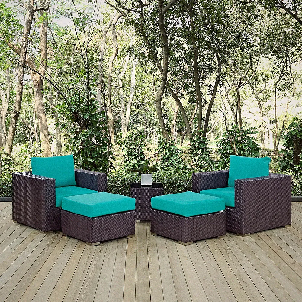 Modway Convene 5 Piece Outdoor Patio Sectional Set in Espresso Turquoise