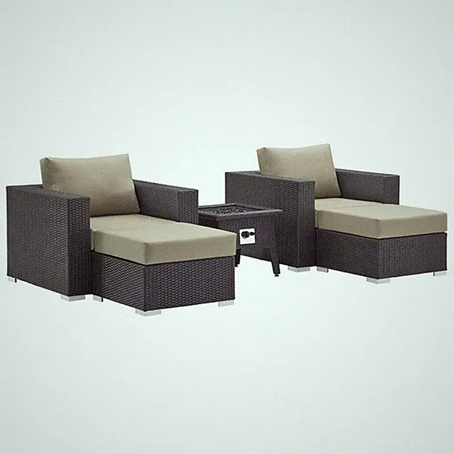 Modway Convene 5-Piece Outdoor Wicker Rattan Set with Fire Pit - Espresso/Beige
