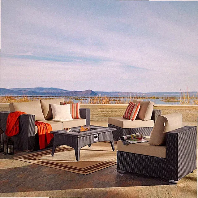 Modway Convene 5 Piece Set Outdoor Patio with Fire Pit in Espresso Beige