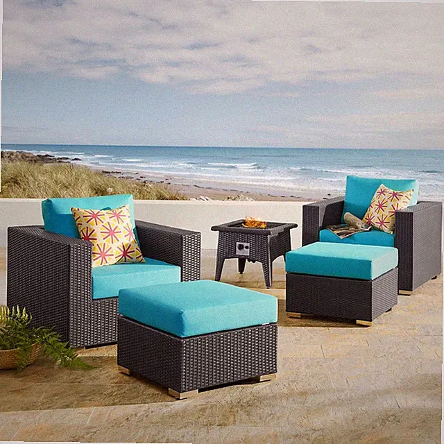 Modway Convene 5 Piece Set Outdoor Patio with Fire Pit in Espresso Turquois