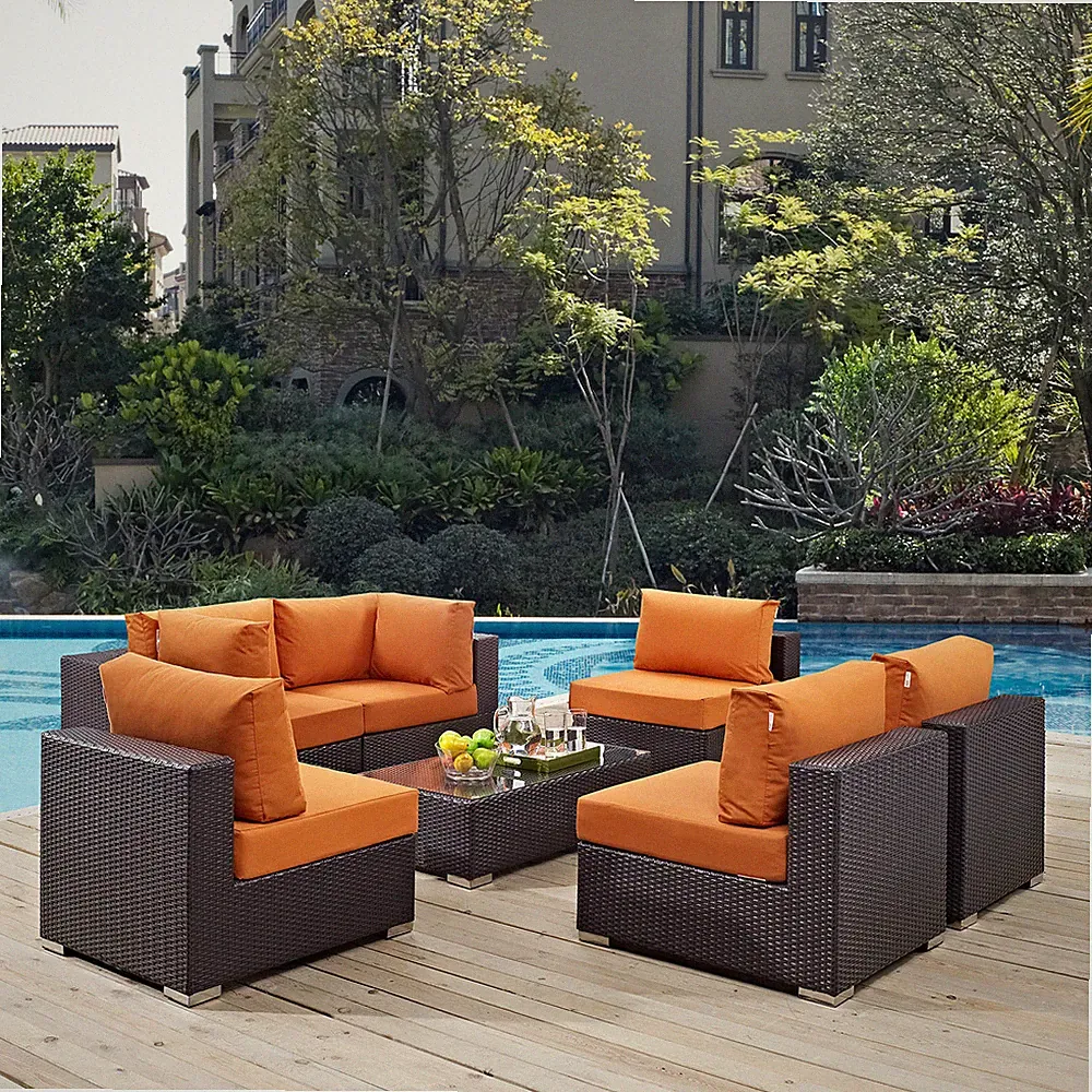 Modway Convene 7-Piece Outdoor Patio Sectional Set in Espresso Orange