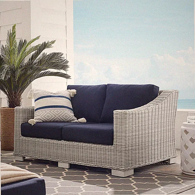 Modway Conway Sunbrella® Outdoor Patio Wicker Rattan Loveseat in Light Gray Navy