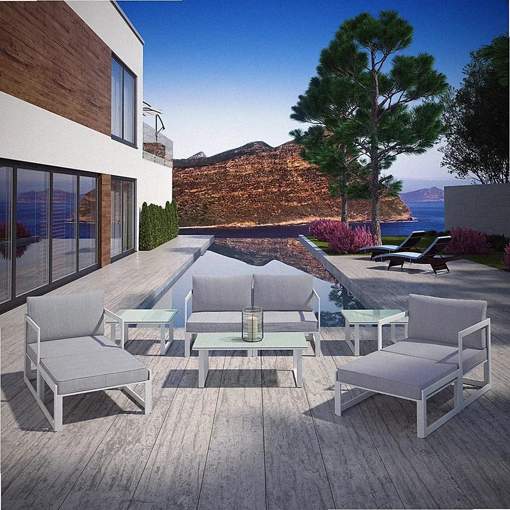 Modway Fortuna 9 Piece Outdoor Patio Sectional Sofa Set in White Gray
