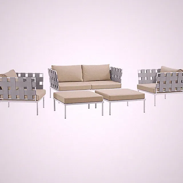 Modway Harmony 5 Piece Outdoor Patio Aluminum Sectional Sofa Set in White Beige