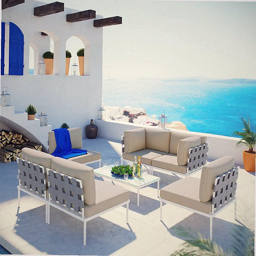 Modway Harmony 7 Piece Outdoor Patio Aluminum Sectional Sofa Set in White Beige