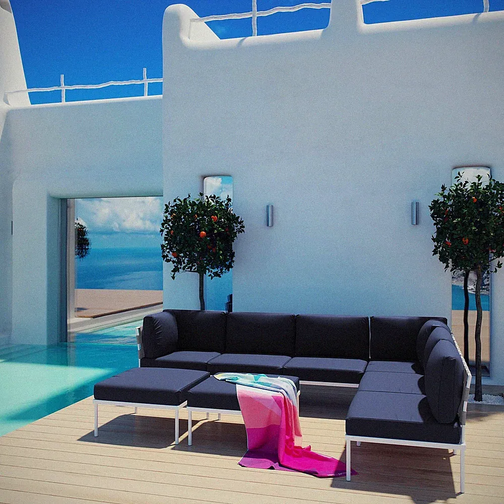 Modway Harmony 8 Piece Outdoor Patio Aluminum Sectional Sofa Set in White Navy