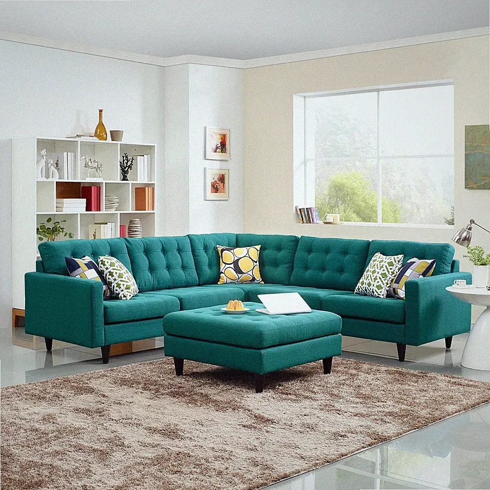 Modway Mid-Century Modern Tufted Fabric Upholstered Sectional Sofa Set in Teal