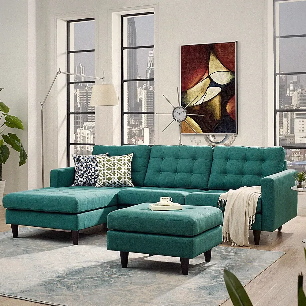 Modway Mid-Century Modern Tufted Upholstered Left-Side Sectional Sofa in Teal