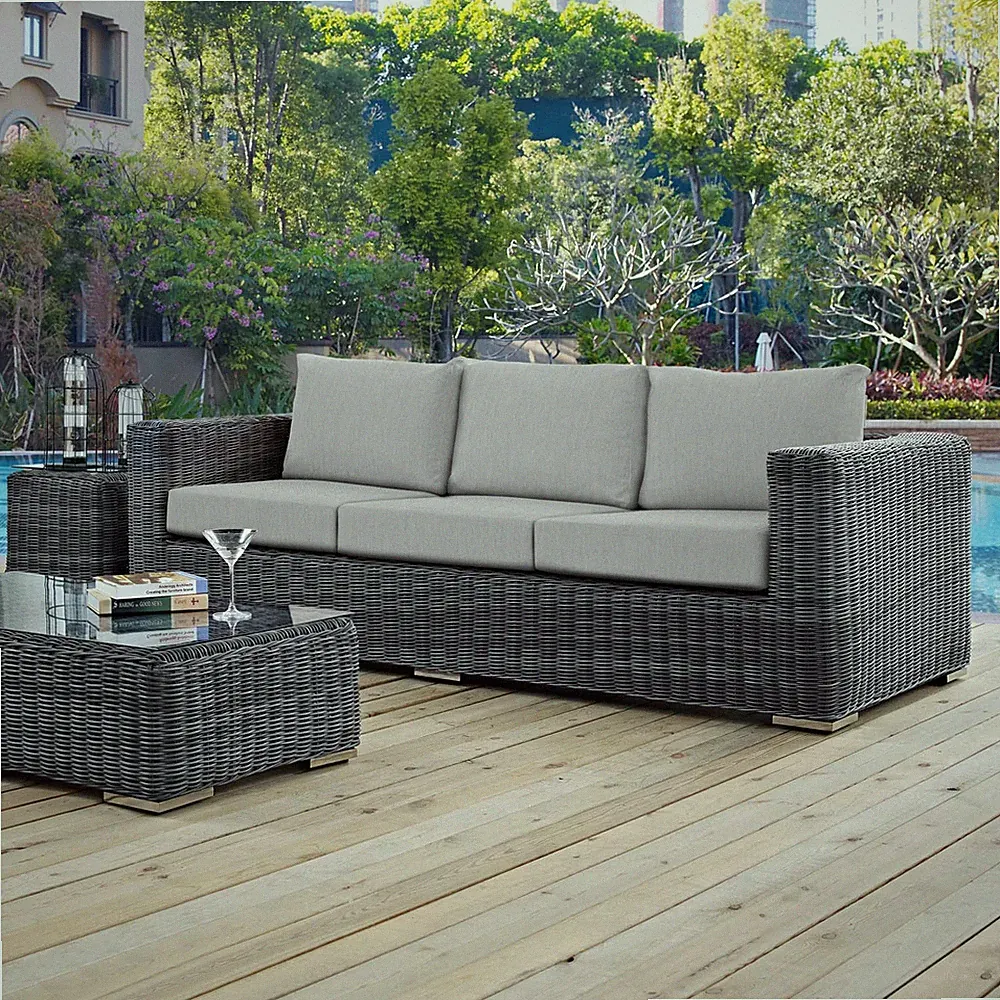 Modway Outdoor Patio Furniture Wicker Rattan Sunbrella® Canvas Gray Cushion Sofa