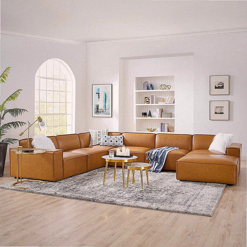 Modway Restore Vegan Leather 7-Piece Sectional Sofa in Tan