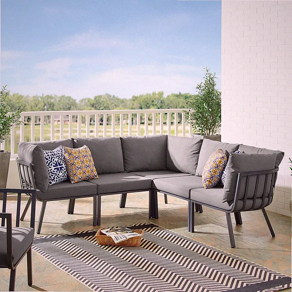 Modway Riverside 5 Piece Outdoor Patio Aluminum Sectional in Gray Charcoal