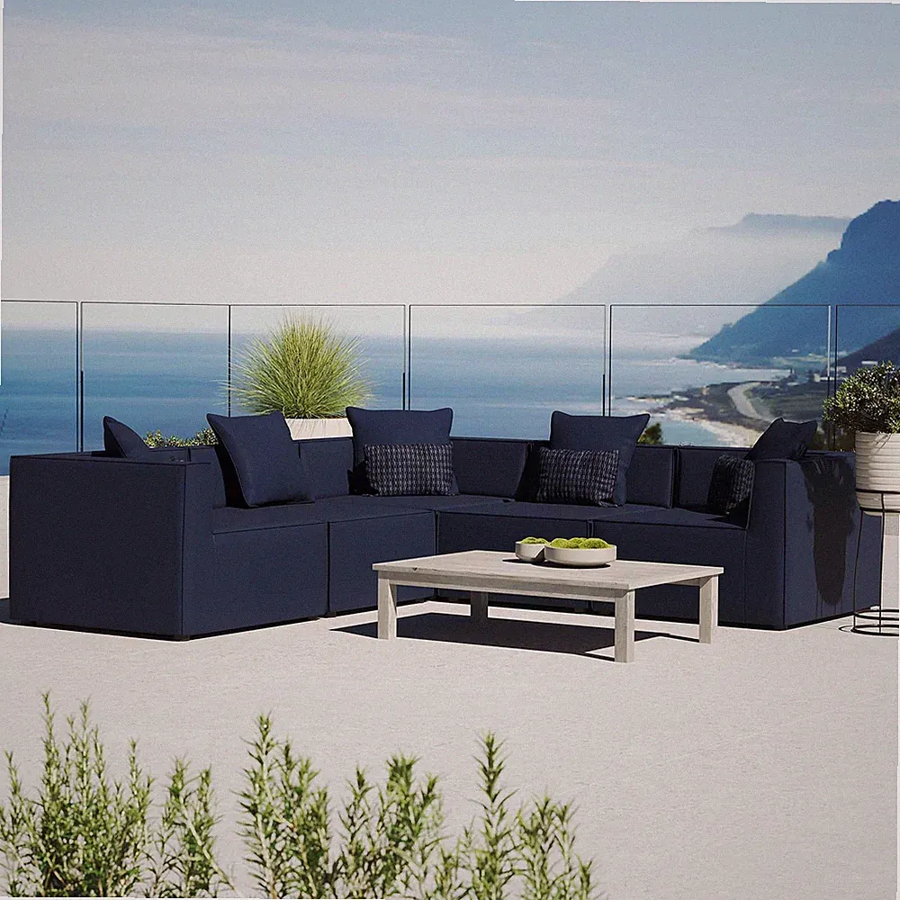 Modway Saybrook Outdoor Patio Upholstered 5-Piece Sectional Sofa in Navy