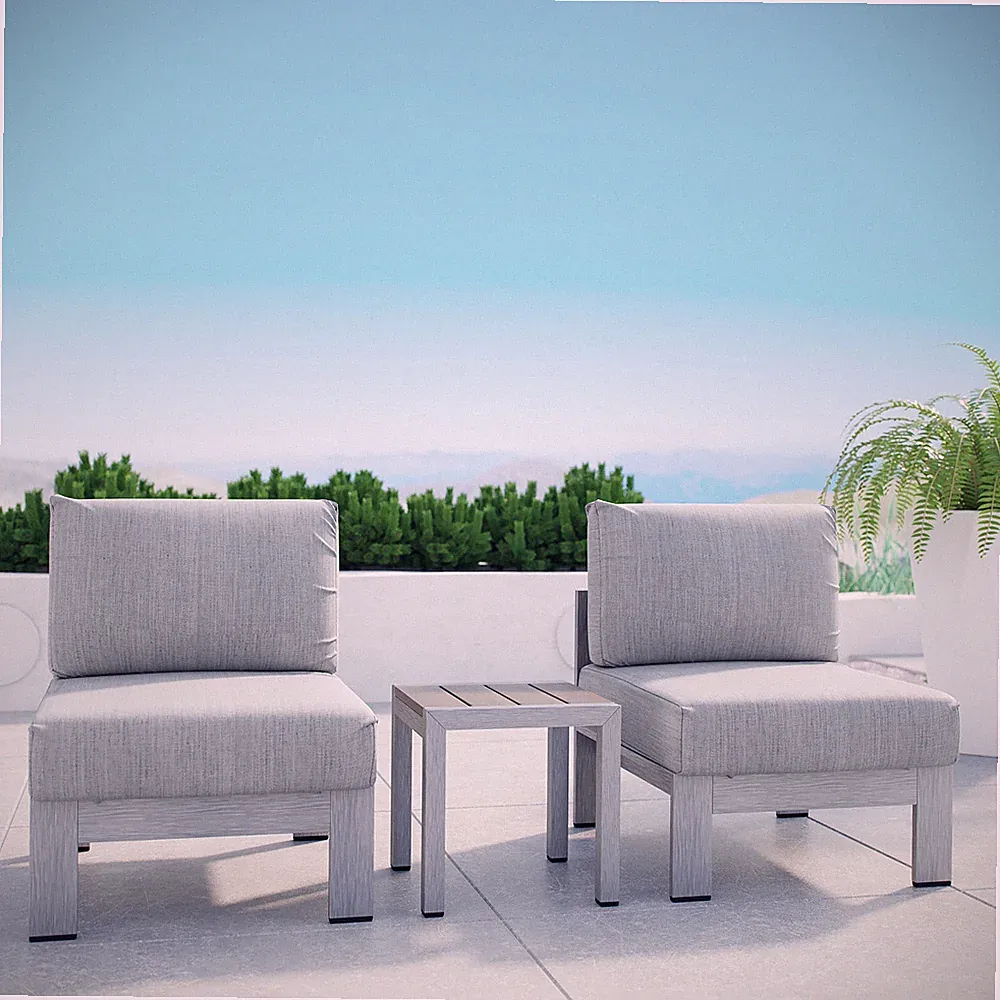Modway Shore 3 Piece Outdoor Patio Aluminum Sectional Sofa Set in Silver Gray