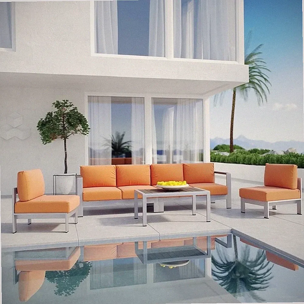 Modway Shore 5-Piece Outdoor Patio Aluminum Sectional Sofa Set in Silver/Orange