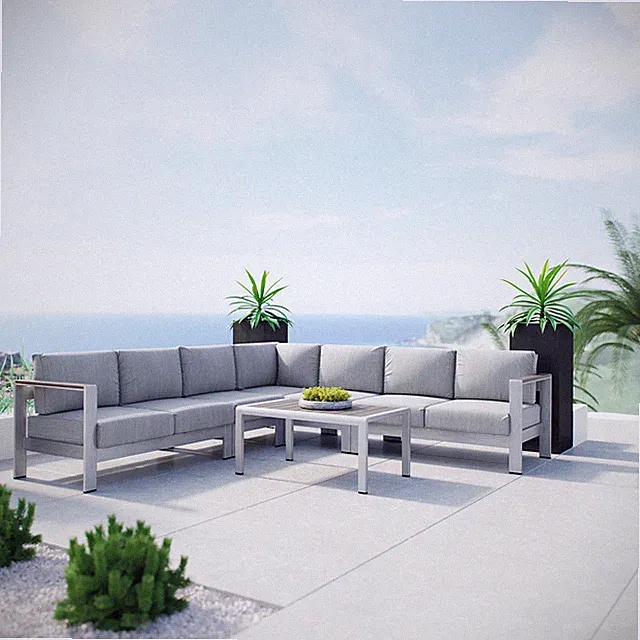 Modway Shore 6 Piece Outdoor Patio Aluminum Sectional Sofa Set in Silver Gray