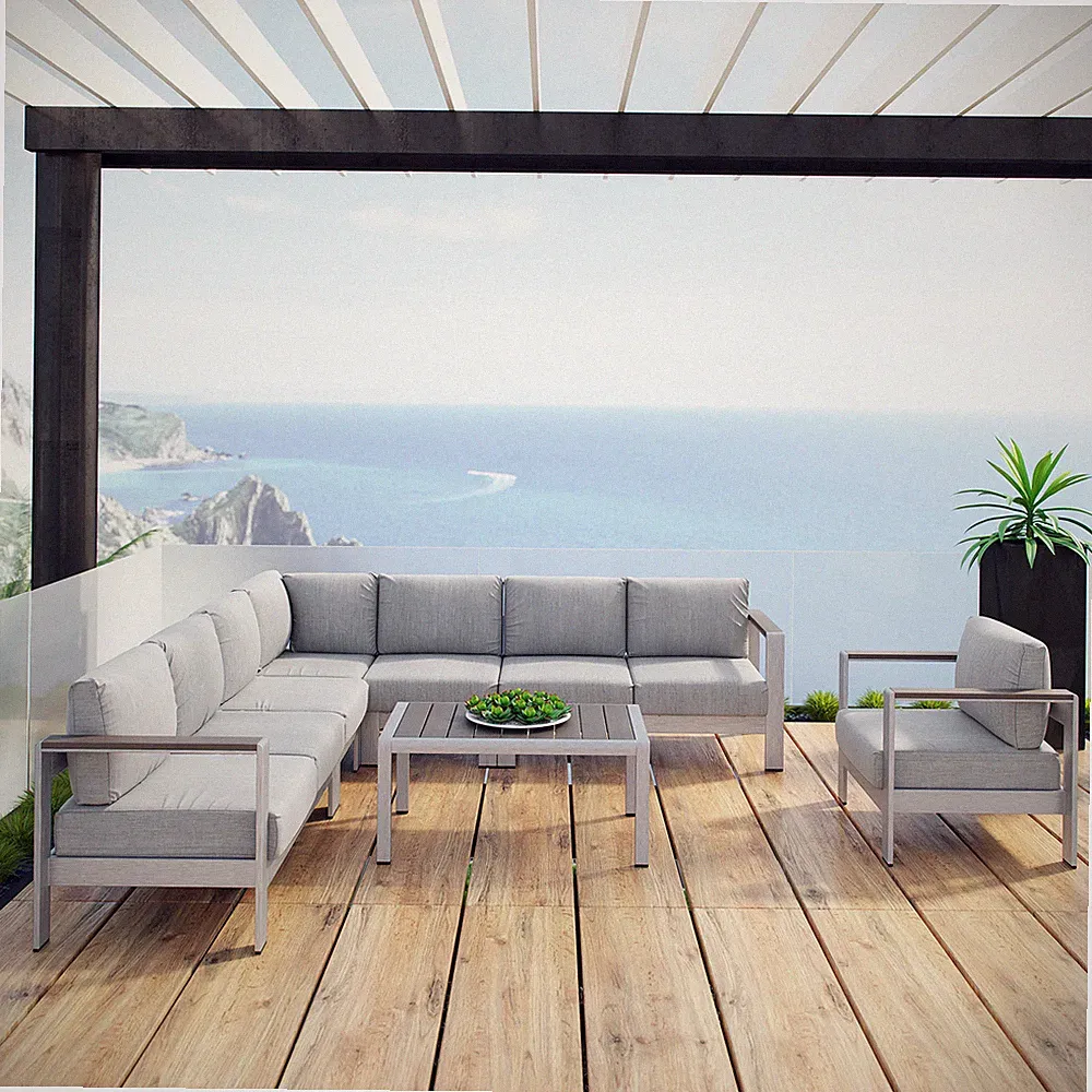 Modway Shore 7 Piece Outdoor Patio Aluminum Sectional Sofa Set in Silver Gray