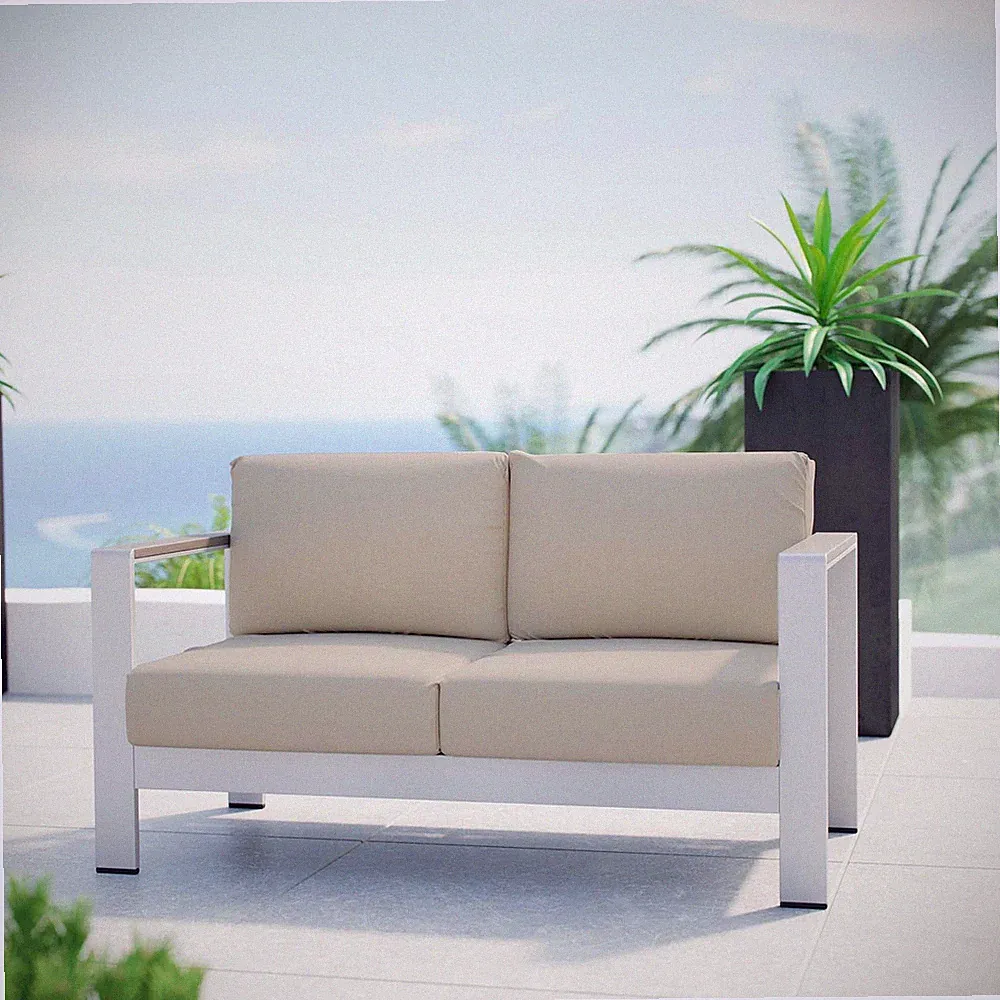 Modway Shore Outdoor Patio Aluminum Loveseat in Silver Beige