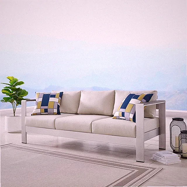 Modway Shore Outdoor Patio Aluminum Sofa in Silver Beige