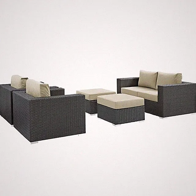 Modway Sojourn 5-Piece Aluminum Rattan Patio Sectional Set - Canvas/Beige