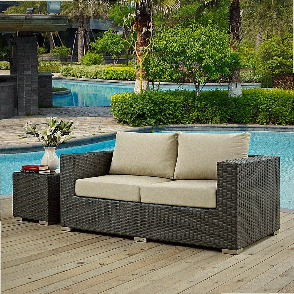 Modway Sojourn Aluminum and Rattan Patio Loveseat in Canvas/Antique Beige