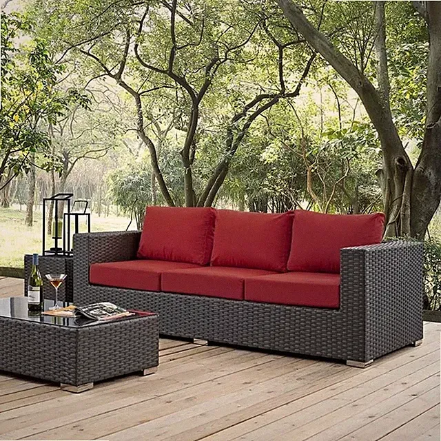 Modway Sojourn Aluminum and Rattan Patio Sofa in Canvas and Red