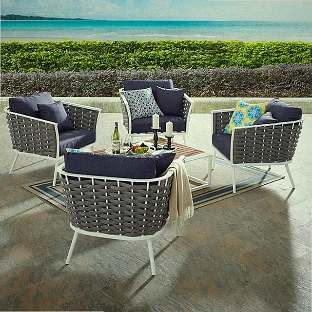 Modway Stance 5 Piece Outdoor Patio Aluminum Sectional Sofa Set in White Navy